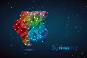 Abstract Polygon Map of Suriname. Vector Illustration Low Poly Color Rainbow on Dark Background