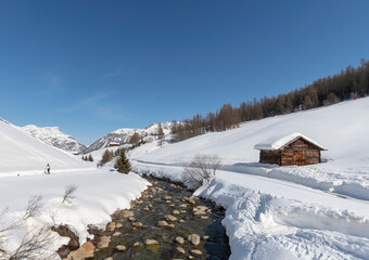 Fototapeta na wymiar Panorama of Livigno (altitude 1816 m) in winter. Valtellina, Italy
