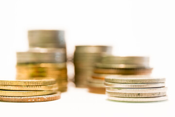 selective focus stack of different coin tower in close up.