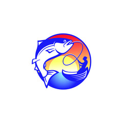 Fototapeta premium fisherman on boat got big fish logo illustration
