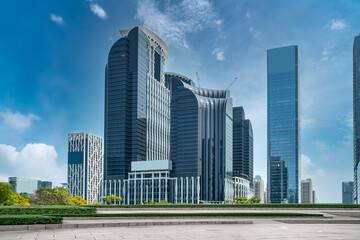 Street view of modern office buildings