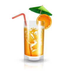 Orange juice element vector design. Orange citrus drinks isolated in white background with cocktail umbrella, ice cubes and fruit slice elements for summer tropical season beverage. 