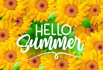 Summer sunflower vector background design. Hello summer text with sunflower paper cut element for tropical season floral plant walpaper. Vector illustration 
