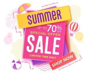 Summer sale vector banner design. Summer sale up to 70% text off shopping offer in paper art and pattern background for tropical season special promo advertisement. Vector illustration
