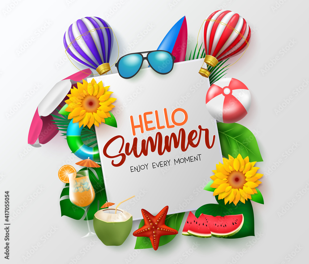 Poster hello summer vector banner template. hello summer enjoy every moment text in white space with beach 