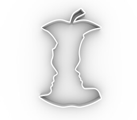 An apple or two face profile view. Optical illusion. Human head make silhouette of fruit. 3D rendering