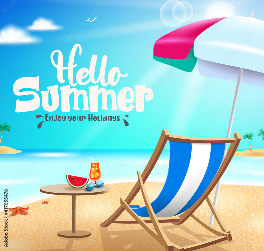 Poster hello summer vector banner design. hello summer enjoy your holidays text in beach background with el