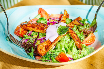 Vegetable and chicken salad with forks on blue plate