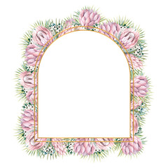 Arch-shaped gold frame with protea flowers, tropical leaves, palm leaves, bouvardia flowers. Wedding bouquet in a frame for the design of a stylish invitation. Watercolour illustration.