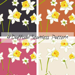 Set of 4 Narcissus poeticus, Daffodil Flower Seamless Pattern