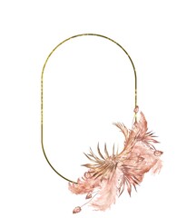 watercolor illustration. Gold oval   frame in boho style pampas grass, palm leaves, dried flowers.  Design for invitations, weddings, baptism,  © Lilia