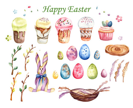 Hand drawn watercolor set for easter. Bright Easter cupcakes, colorful eggs, twigs and an Easter bunny, wicker basket, flowers. Design for posters, greeting cards, gifts and more.