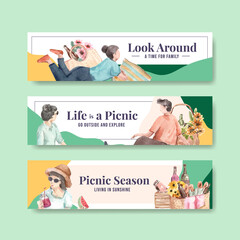Banner template with picnic travel concept for advertise and marketing watercolor illustration