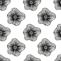 Floral seamless pattern with abstract doodle flowers.Vector hand drawn illustration. Black and white botanical elements.Line art.For prints,fabrics,textiles,wallpapers,wrapping papers and others.