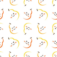 Vector seamless pattern with cute emoji pears in kawaii style. Happy emoticon fruits background.Cartoon characters.For children prints,fabrics, kitchen decor,wallpaper and other design projects.