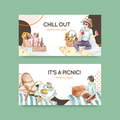 Twitter template with picnic travel concept design for social media and community watercolor illustration