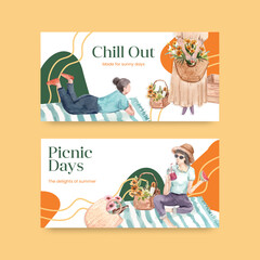 Fototapeta premium Twitter template with picnic travel concept design for social media and community watercolor illustration