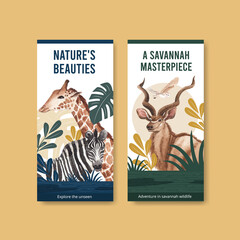 Flyer template with savannah wildlife concept design watercolor illustration