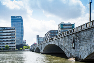 Naklejka premium Landscape of Niigata city with river, Japan_03