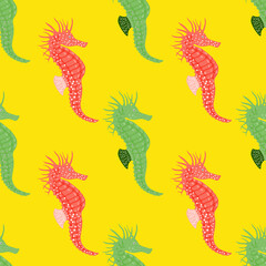 Nature seamless pattern with green and pink colored seahorse ornament. Yellow background.