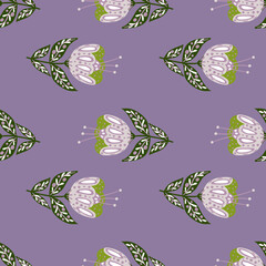Naklejka premium Floral seamless pattern with vintage folk flowers ornament. Pastel purple background. Meadow flora backdrop.