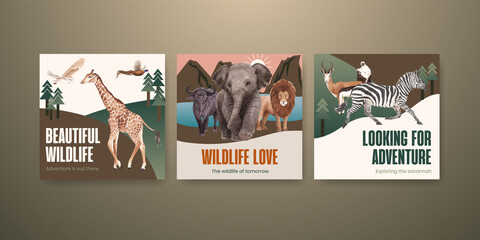 Advertise template with savannah wildlife concept design watercolor illustration © photographeeasia