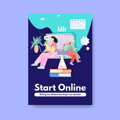 Poster template with online learning concept design for advertise and brochure watercolor illustration