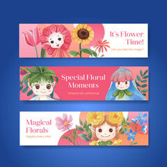 Fototapeta premium Banner template with floral character concept design watercolor illustration