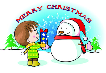 Naklejka premium vector cartoon Merry Christmas day boy and snowman