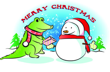 vector cartoon Merry Christmas day crocodile with snowman