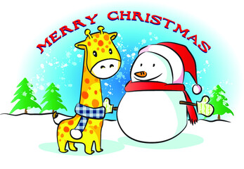vector cartoon Merry Christmas day giraffe and snowman