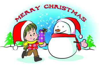 vector cartoon Merry Christmas day boy and snowman