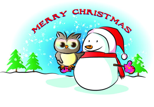 vector cartoon Merry Christmas day owl and snowman