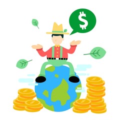 farmer man agriculture World economy money dollar global cartoon doodle flat design style vector illustration