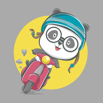 Cute panda riding scooter cartoon icon illustration. flat cartoon style