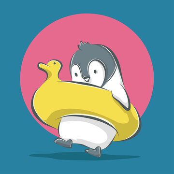 Cute little penguin want to swim cartoon icon illustration. flat cartoon style