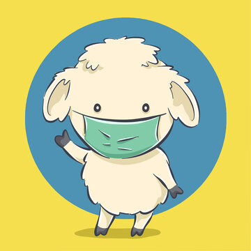 Cute sheep wearing masker cartoon icon illustration. flat cartoon style