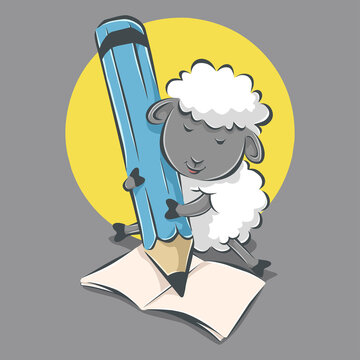 Cute sheep learning and writing cartoon icon illustration. flat cartoon style