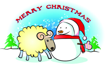 Naklejka premium vector cartoon Merry Christmas day sheep and snowman