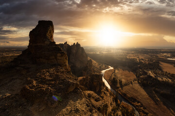 Beautiful American Landscape during a vibrant winter day. Colorful Sunset Sky Art Render. Taken in Smith Rock, Redmond, Oregon, North America. Nature Background