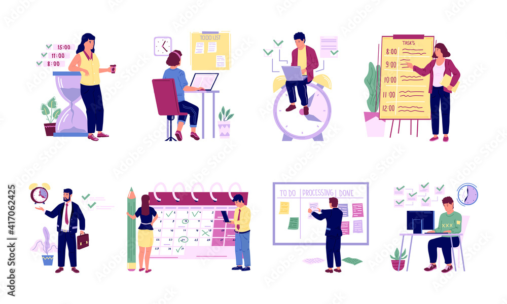 Aufkleber Organizing office work. Successful people planning work and scheduling. Effective time management concept. Cartoon workers write down priority goals and control timetable. Vector workflow optimization