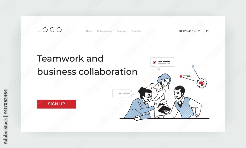 Poster Team leadership landing page. Teamwork and business collaboration concept. Website UI template design with buttons. Cartoon people working and solving problems together in office. Vector brainstorming