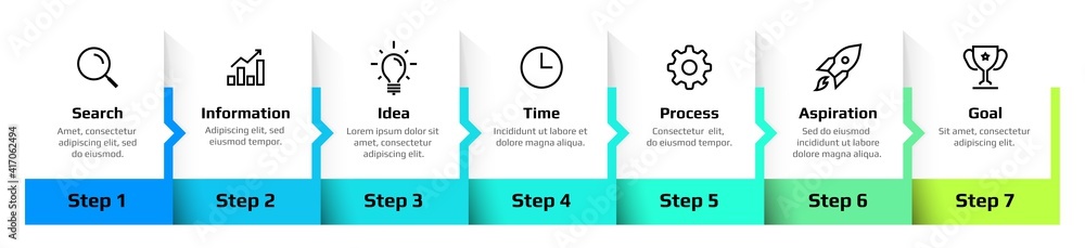 Aufkleber Step diagram. Flowchart infographic design, sequence of business process. Square frames set with text and arrows. Horizontal timeline schema. Vector information visualization template for presentation