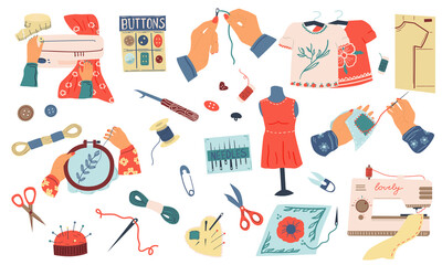Embroidery set. Cartoon needle work and hand made hobby collection, sewing tools and instruments, thread buttons and scissors, handicraft accessory. Dressmaking and crochet clothes vector illustration