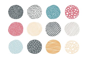 Abstract circle pattern. Natural geometric texture with hand drawn doodle repeating prints. Decorative minimal isolated round shapes. Creative textile samples, vector outline covers templates set