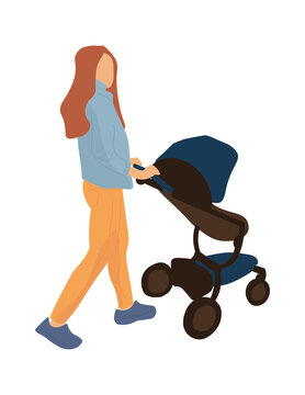 Trendy mother with baby carriage. Cartoon woman rolls toddler stroller. Isolated young female moves pram. Modern device for comfortable walk outdoors with little child. Vector simple illustration