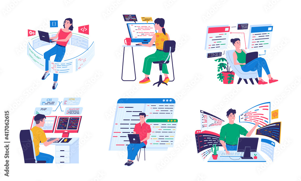 Fototapete Programmer and coders. Backend software engineers working with computers and laptops in comfortable conditions. Cyber specialists programming or coding. Vector cartoon developers writing digital code