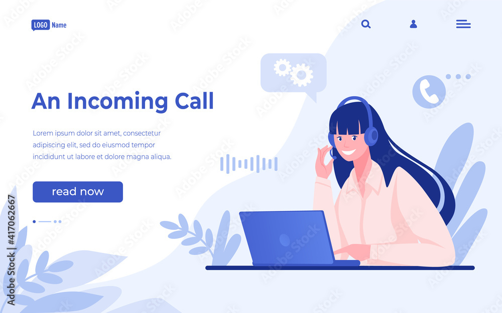 Poster Customer support landing page. Call center and hotline concept. Ask questions to corporate assistance. Website interface colorful design. Modern web mockup with copy space. Vector feedback for clients