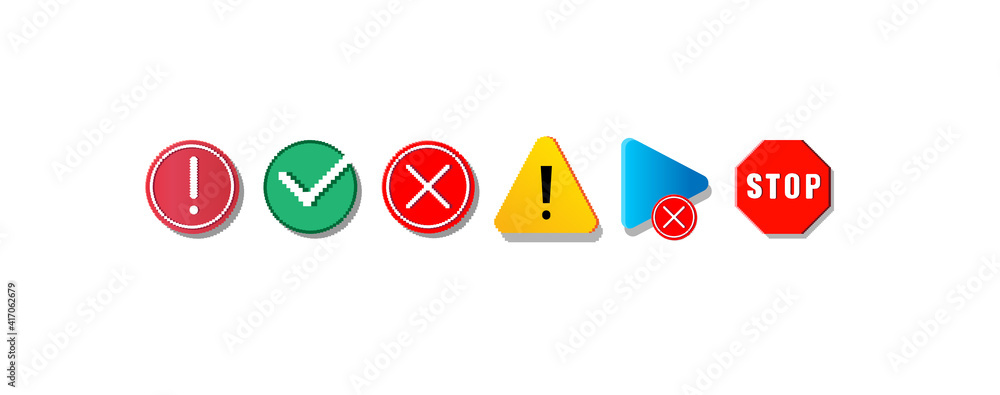 Poster Old computer icons. Abstract colorful pixel art symbols set. Stop or warning signs, isolated digital media player button and completed or rejected task round marks. Vector retro outline flat pointers