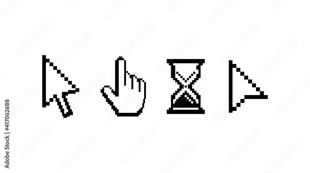 Aufkleber Old computer mouse pointers. Classic pixelated cursors. Abstract arrow symbols and hand with raised forefinger sign for making selection by clicking. Hourglass icon indicates waiting time, vector set